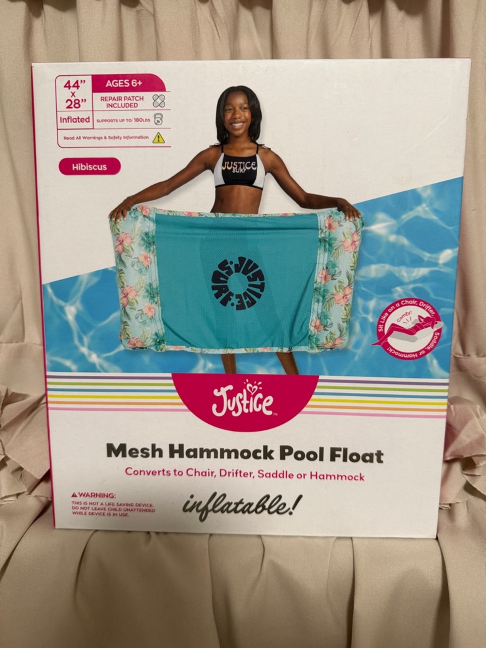 Justice Teal and Pink Hibiscus Mesh Hammock Pool Float